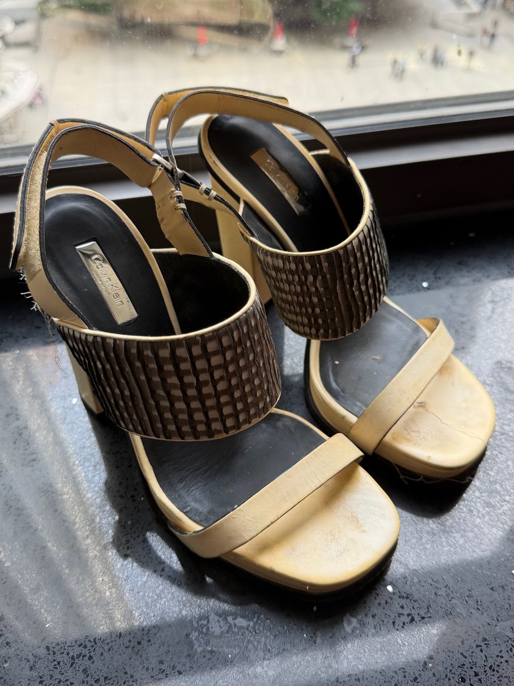 Calvin Klein Women's Two-Tone Block Heel Sandals in Beige and Brown. Size 8